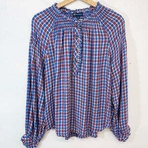 Democracy  Plaid Pop Over  Blouse Top Woman Large  Ruffle  Long Sleeve Western